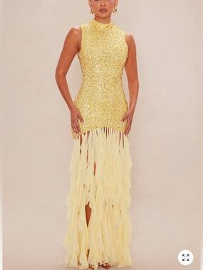 Fashion Nova Yellow Sequin Fringe Ruffle Evening Gown